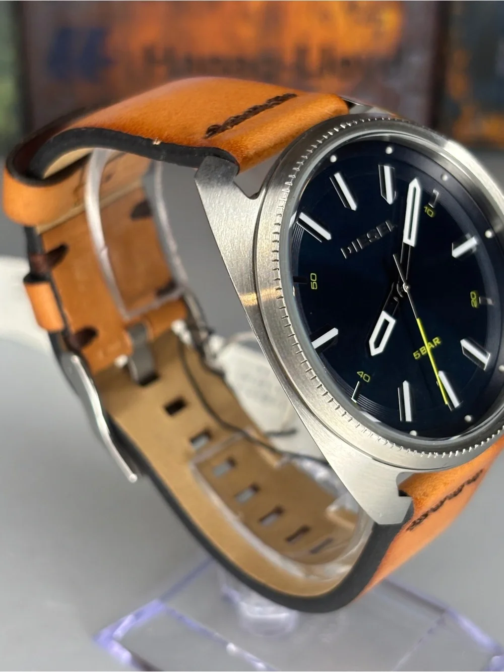 Diesel Black Dial Watch with Tan Leather Strap 43mm